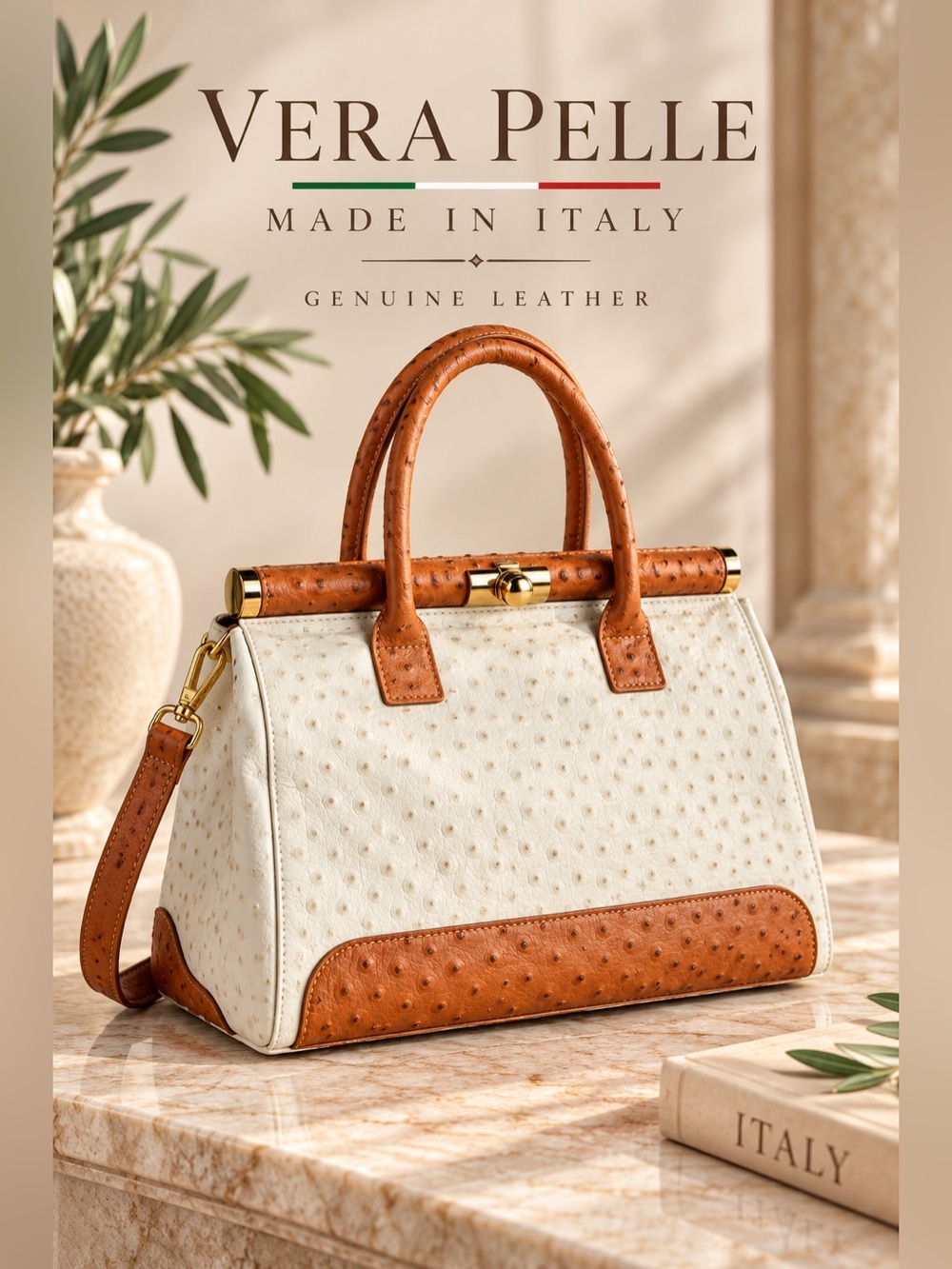 Vera Pelle Made in Italy Genuine Leather Ostrich Embossed Satchel
